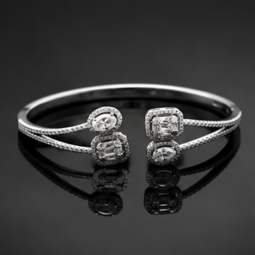 Luxury Open Cuff Silver Alloy CZ Bangle Bracelet with Dual Halo Design