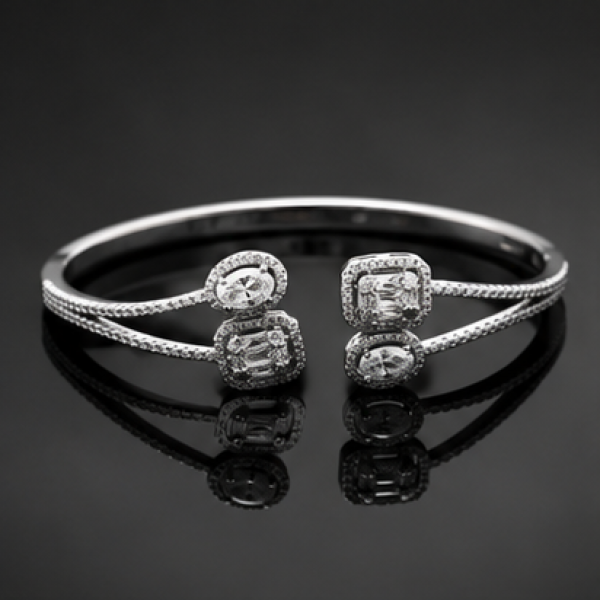 Luxury Open Cuff Silver Alloy CZ Bangle Bracelet with Dual Halo Design