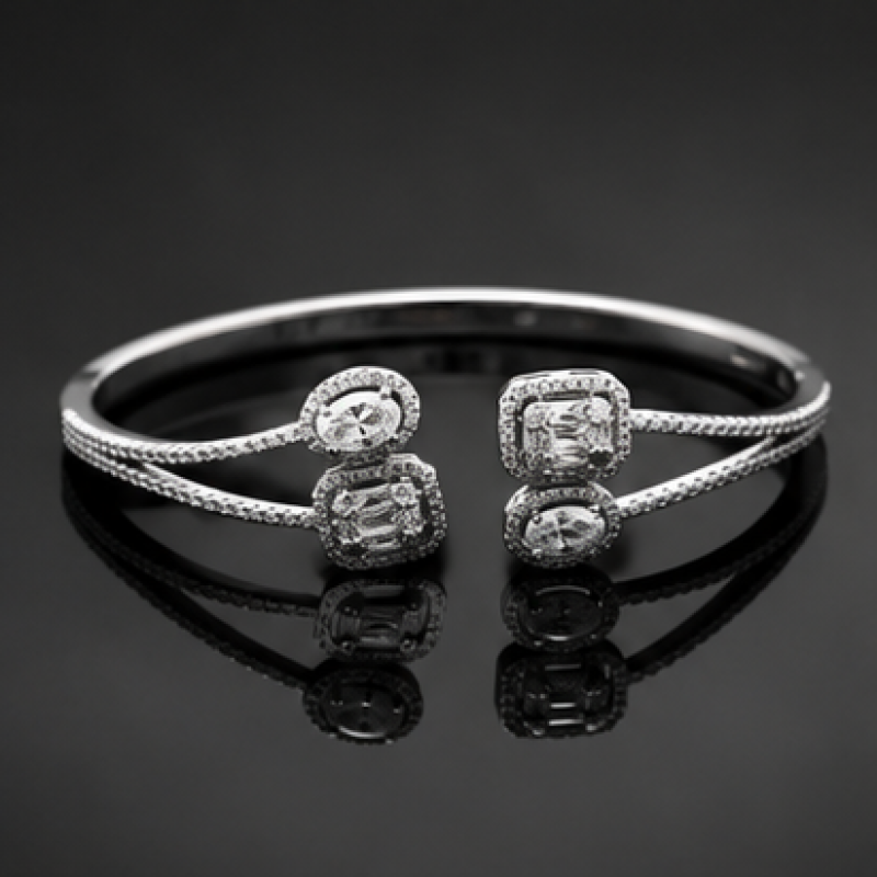 Luxury Open Cuff Silver Alloy CZ Bangle Bracelet with Dual Halo Design