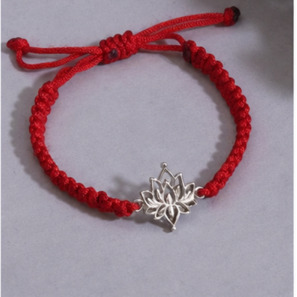 925 Silver Lotus Motif Red Cord Bracelet(Unisex)