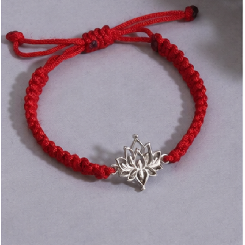 925 Silver Lotus Motif Red Cord Bracelet(Unisex)