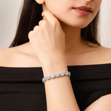 Silver Alloy CZ Link Bracelet with Marquee-Cut Solitaire