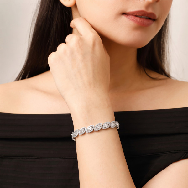 Silver Alloy CZ Link Bracelet with Marquee-Cut Solitaire