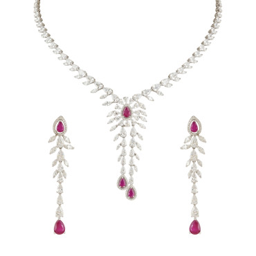 Ruby Cascade Diamond Look Necklace Set Silver Alloy with Gold Plating