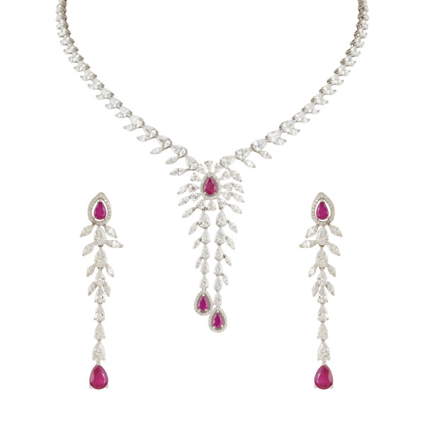 Ruby Cascade Diamond Look Necklace Set Silver Alloy with Gold Plating