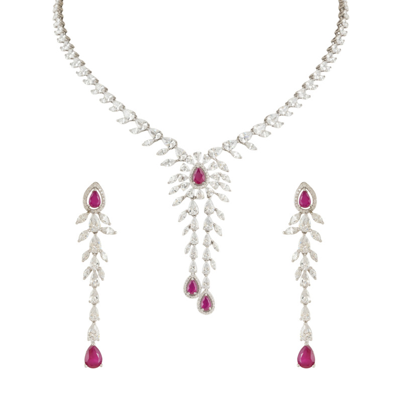 Ruby Cascade Diamond Look Necklace Set Silver Alloy with Gold Plating