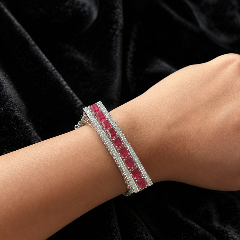Silver Alloy Bracelet with Fine Rhodium Finish & Ruby-Tone Stone Accents