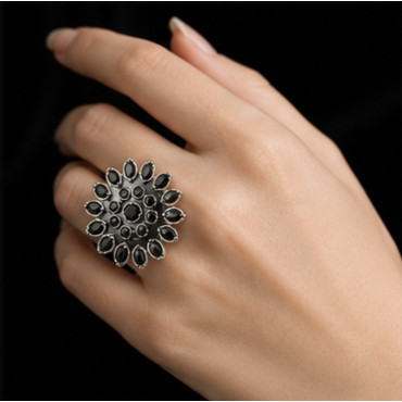 Black Antique Silver Phoolkari Ring