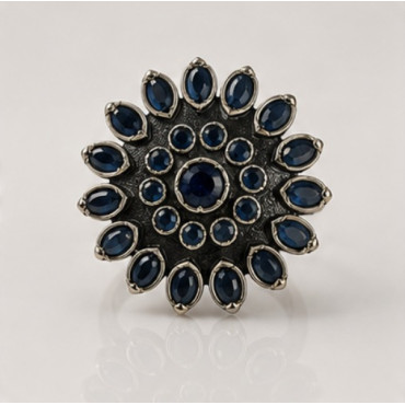 Blue Antique Silver Phoolkari Ring