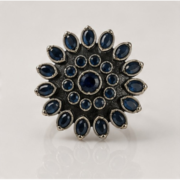 Blue Antique Silver Phoolkari Ring