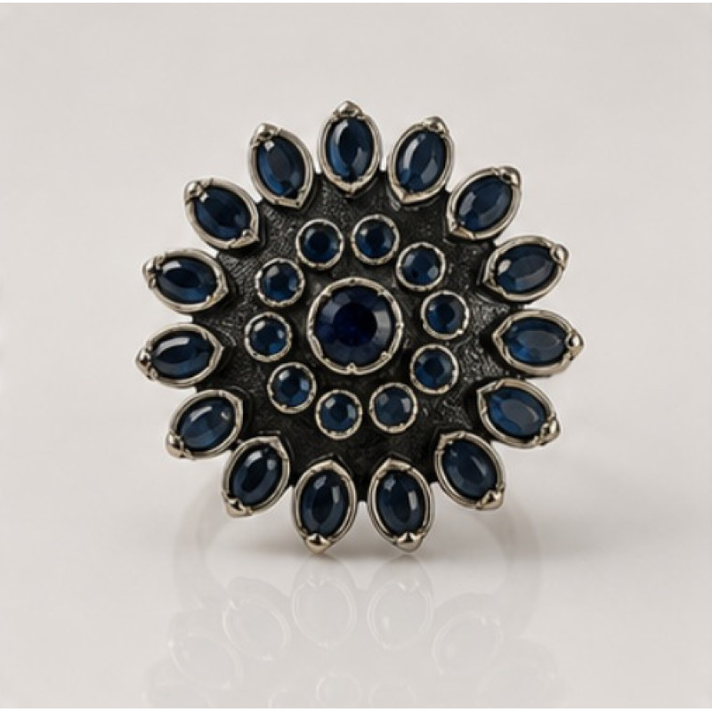 Blue Antique Silver Phoolkari Ring