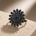 Blue Antique Silver Phoolkari Ring
