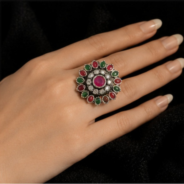 Damyanti Antique Silver Phoolkari Ring