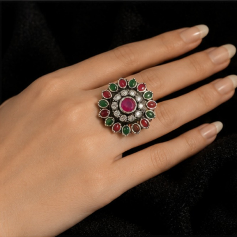 Damyanti Antique Silver Phoolkari Ring