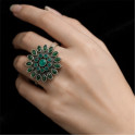 Emerald Antique Silver Phoolkari Ring
