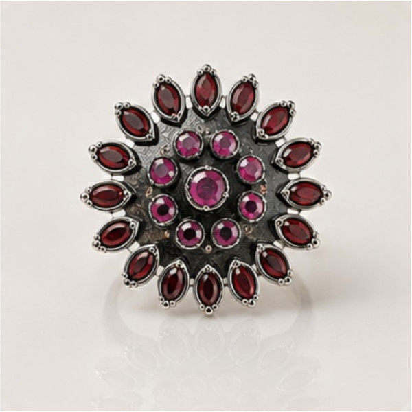 Ruby Antique Silver Phoolkari Ring