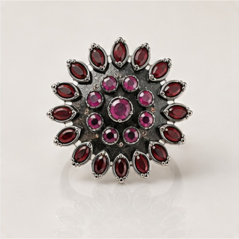 Ruby Antique Silver Phoolkari Ring