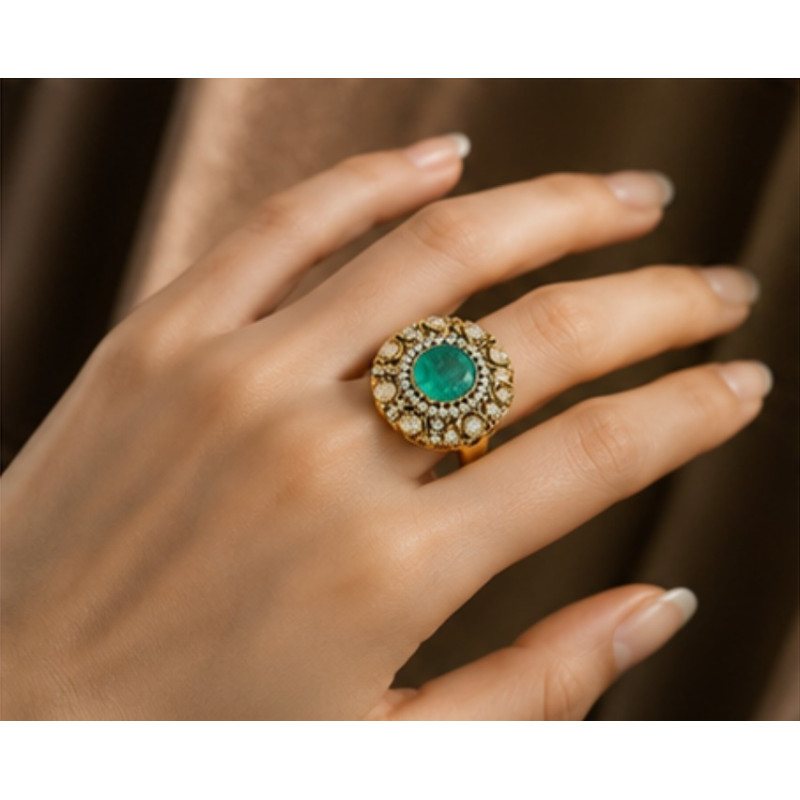 Emerald Moissanite Polki Ring