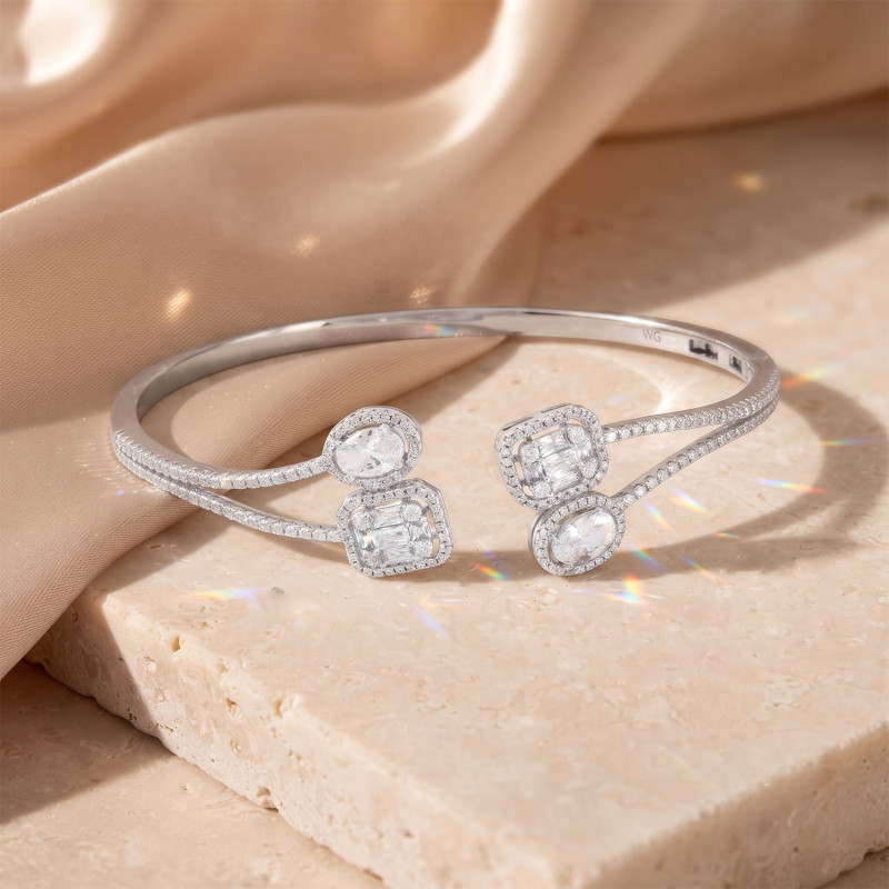 Open Cuff Silver Alloy CZ Bracelet with Halo Design